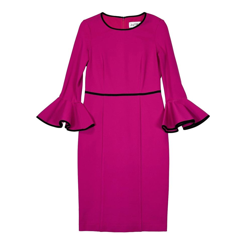 Joseph Ribkoff Bell Sleeve Sheath Dress Women 4 Pink Black Trim Cocktail Stretch